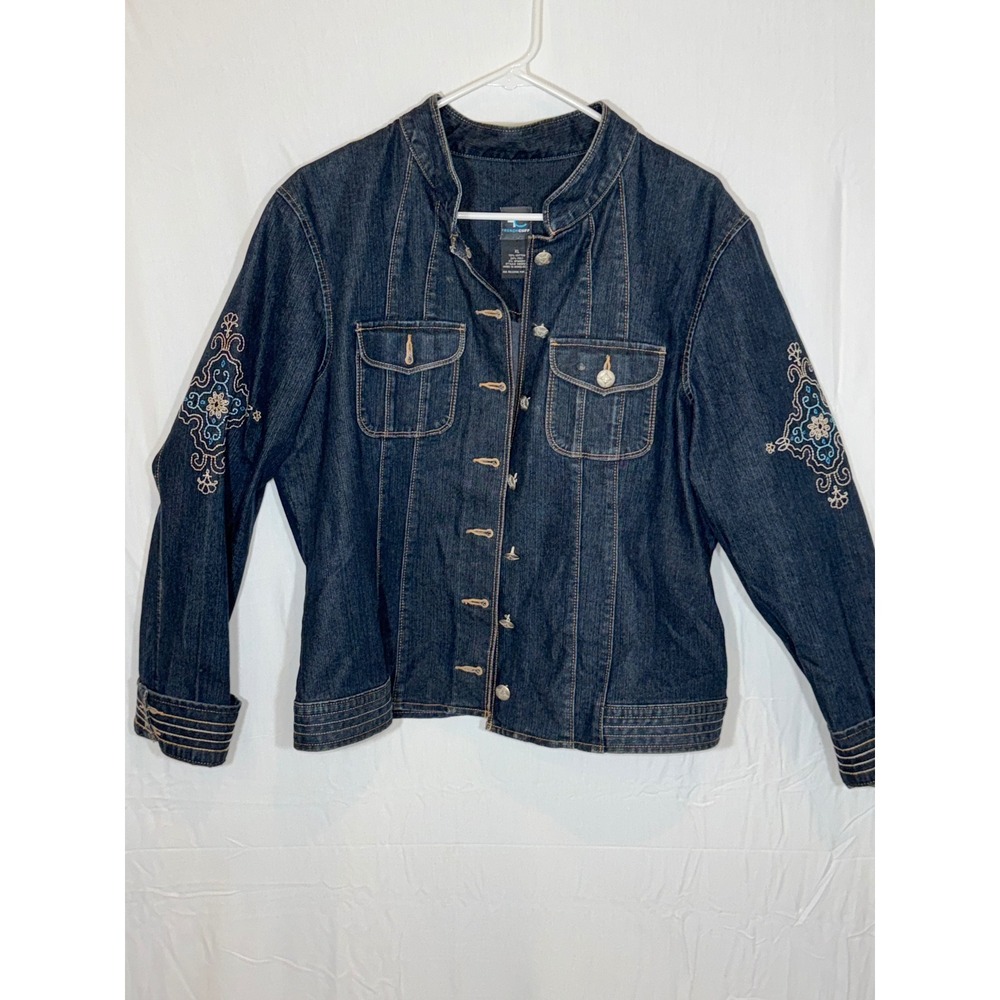 French Cuff Denim Jacket XL‎ Embroidered Accents Button Up Blue Jean Moto Coat